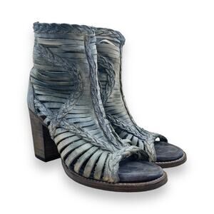 Freebird Gray Greige Bela Distressed Lasercut Leather Bohemian High Heel